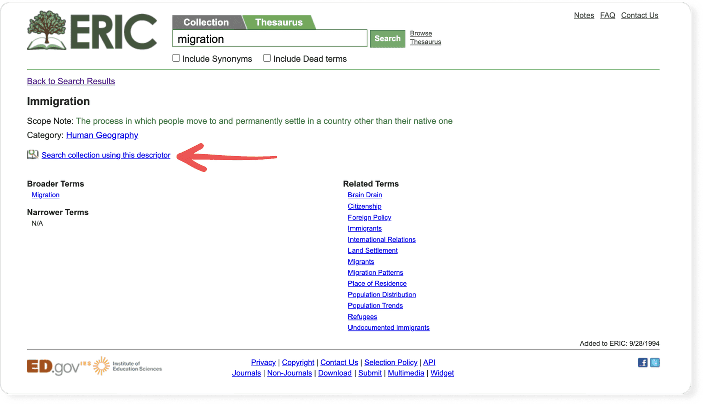 ERIC database: descriptor page